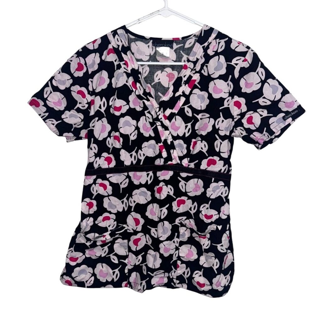 Cherokee Black Floral Wrap Style Scrub Top With Pockets Size M